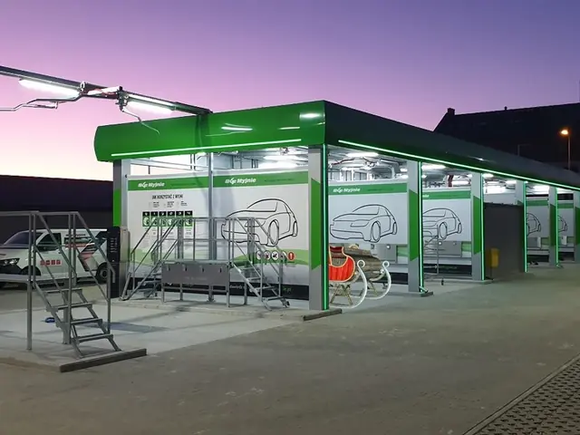 BKF touchless car wash in Środa Wielkopolska at dusk