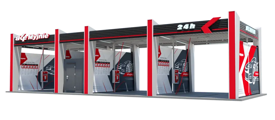 Render of the Nexo canopy – containerised self-service jet wash, daytime view