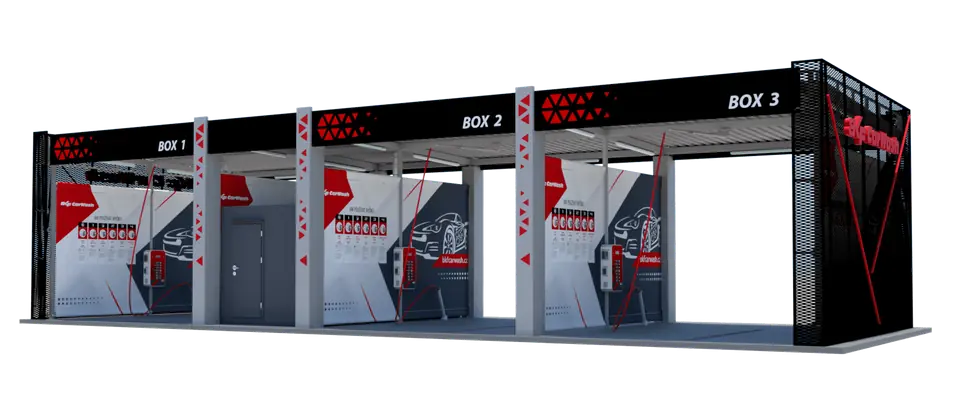 Render of the Trixo canopy – containerised self-service jet wash, daytime view