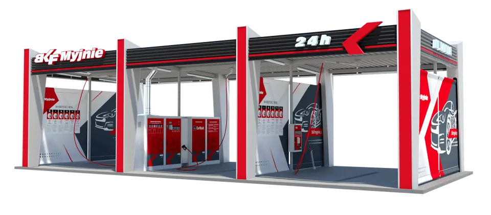 Render of the Nexo canopy – modular self-service jet wash, daytime view